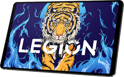 The front view of the Lenovo Legion Y700 tablet with a wallpaper showing a tiger around a blue-coloured fire and LEGION logo. Photo sourced from Lenovo China website.