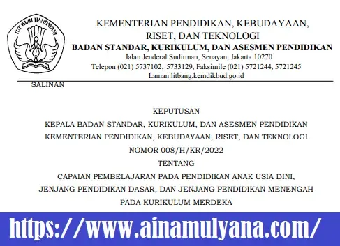 Keputusan BSKAP Kemendikbudristek Nomor 008/H/Kr/2022 Tentang Capaian Pembelajaran Pada PAUD, Dikdas, Dan Dikmen Pada Kurikulum Merdeka