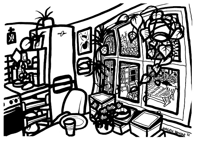 Drawing of a kitchen.