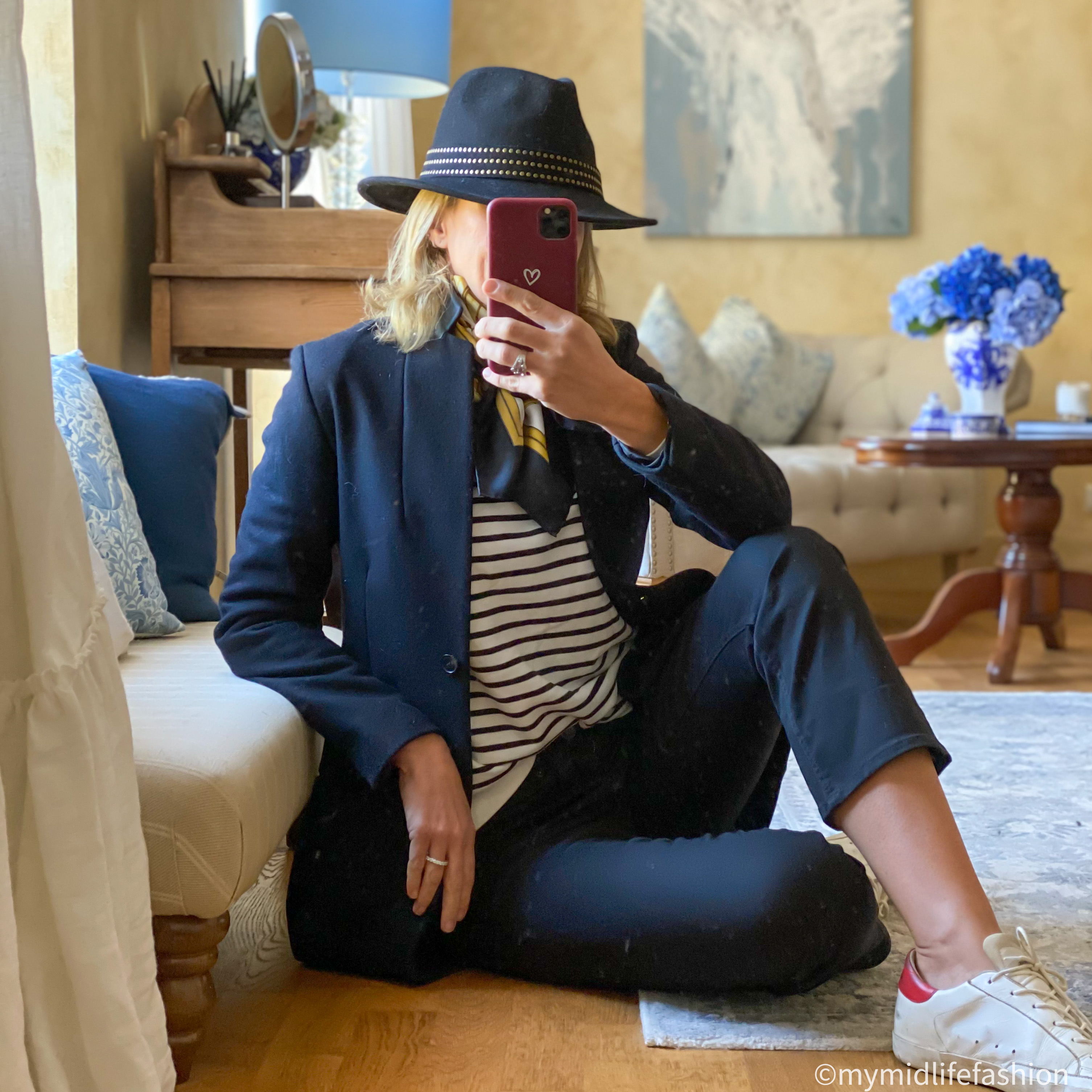 my midlife fashion, John Lewis and partners felt fedora hat, Hermes silk scarf, all saints studded collar coat, baukjen samara organic stripe sweatshirt, j crew cropped kick flare sammie jeans, golden goose superstar low top leather trainers