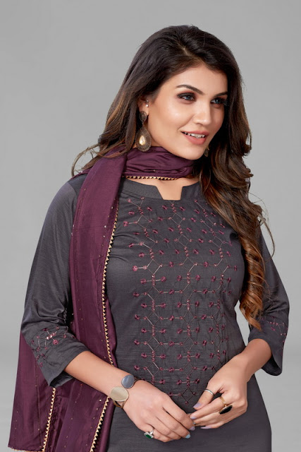 Voilet Embroidered Kurta With Palazzo and Dupatta