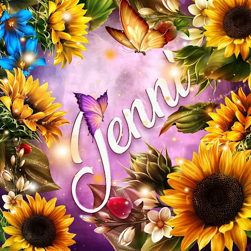 imágen con el nombre jennifer con fondo de girasoles y mariposas para descargar gratis