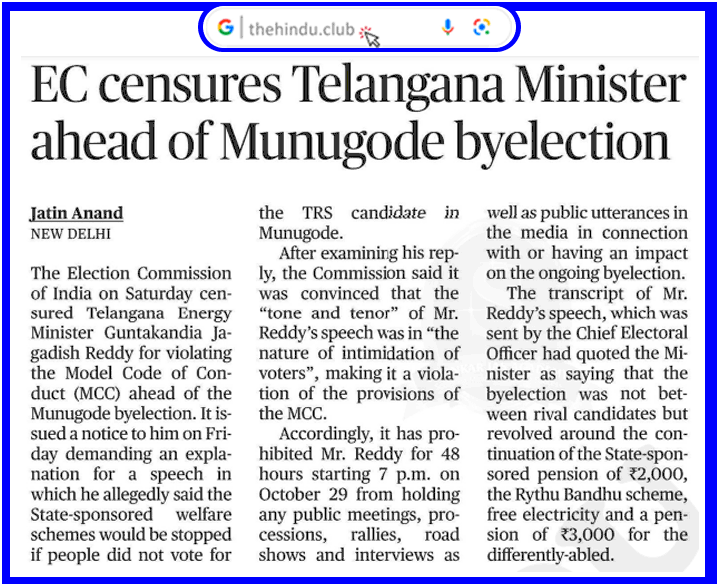 Eu censures telangana minister ahead of MunugodeThe Hindu Newspaper