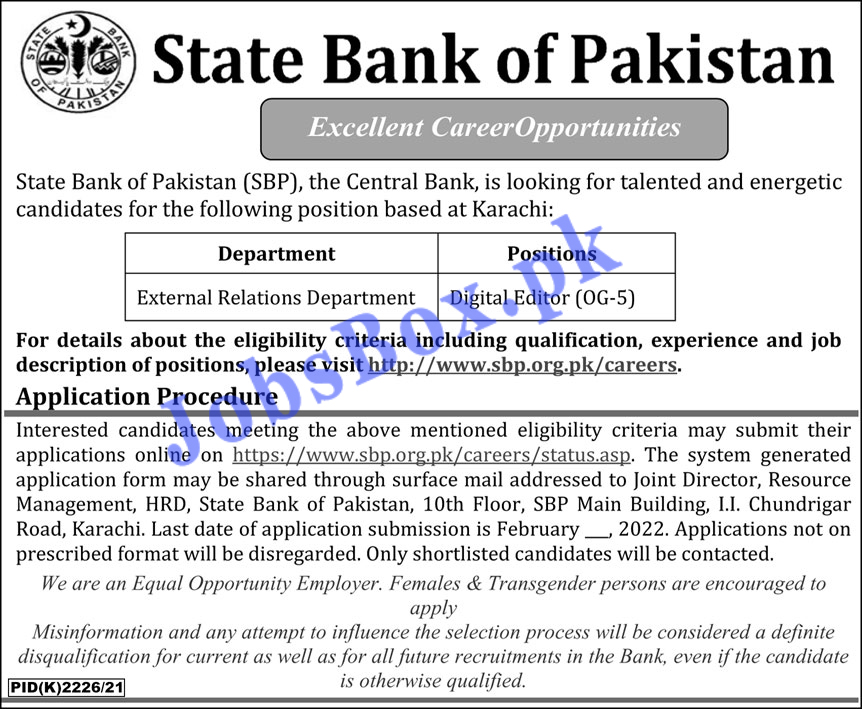 SBP State Bank of Pakistan Jobs 2022 in Pakistan