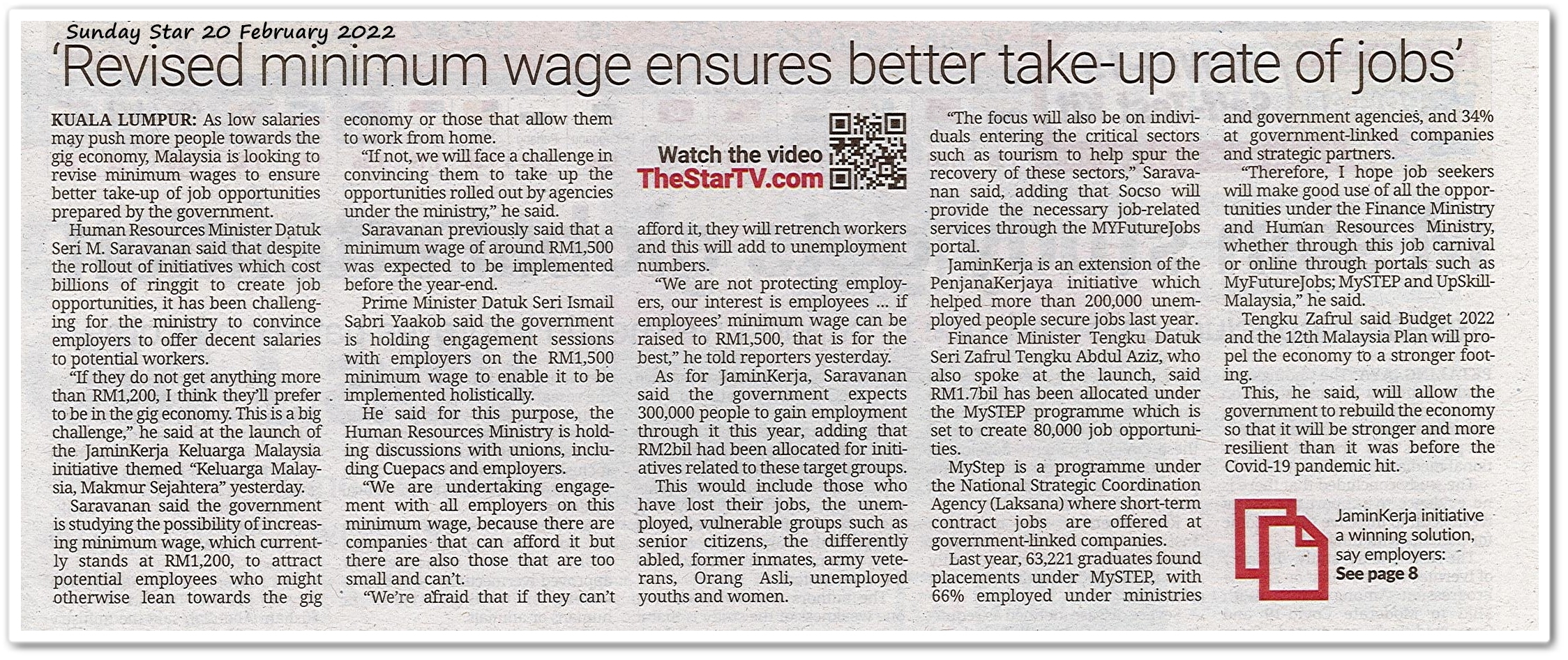 'Revised minimum wage ensures better take-up rate of jobs - Keratan akhbar Sunday Star 20 February 2022