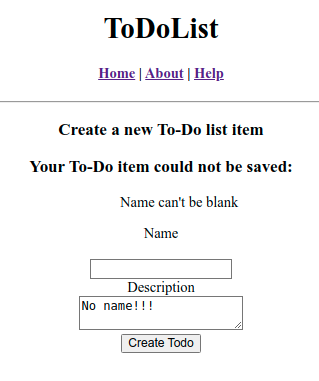 ToDoList form submit fail message