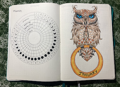 Circular moon themed habit tracker and a blue eyed brown owl introducing January