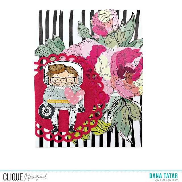Stamped Hipster Boy Black Stripe and Bold Pink Flower Valentine's Day Card