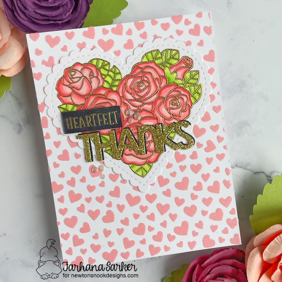 Heartfelt Thanks Card by Farhana Sarker | Heartfelt Roses Stamp Set, Heart Frames Die Set and Petite Hearts Stencil by Newton's Nook Designs #newtonsnook #handmade