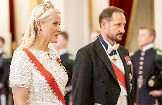 For the Parliament gala dinner, Crown Princess Mette-Marit wore a gown by Emilio Pucci. King Harald and Queen Sonja