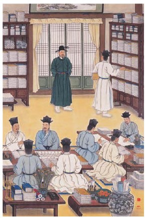 painting of young scholars of Jipheonjeon compiling books and concentrating on research activities during King Sejong's rule
