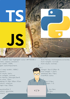 Zdjęcie przedstawia symbol JavaScript, TypeScript oraz Pythona na tle zegara odliczającego do nowego roku. Na dole personifikacja programisty, w tle linijki kodu a po środku mężczyzna przed komputerem