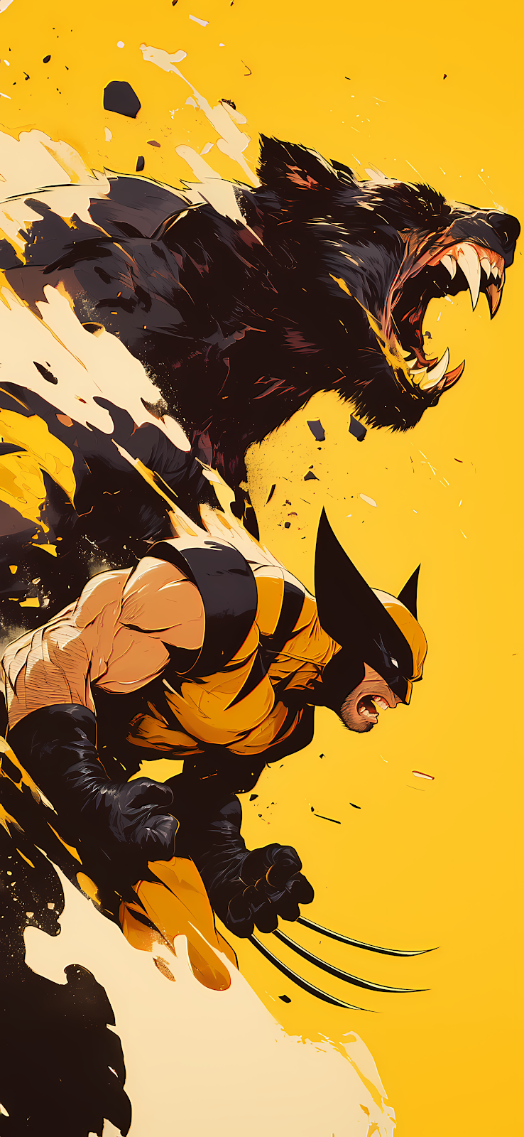A dynamic illustration of Wolverine, a fierce mutant superhero with three claws on each hand, transforming into a ferocious werewolf against a yellow background.

