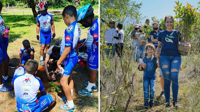 Mudas plantio de mudas em evento de ciclismo