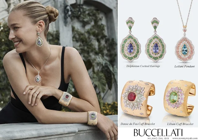 Beatrice Borromeo in Buccellati Danse du Feu and Lilium cuff bracelet, Delphinium cocktail earrings, Leilani pendant