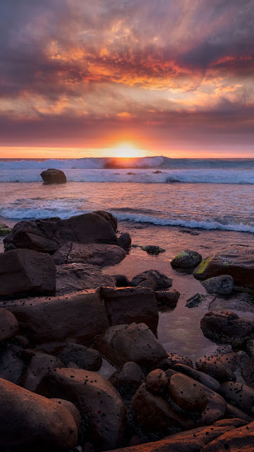 Wallpaper Sunset, Beach, Horizon, Sea, Rocks, Twilight, Sky