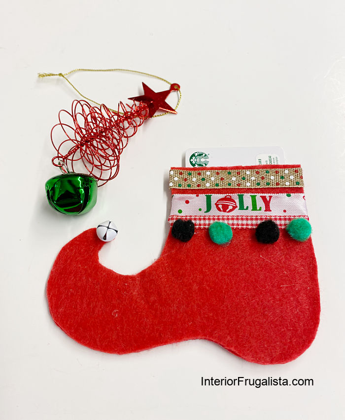 Red handmade felt elf shoe gift card holder for the holidays.