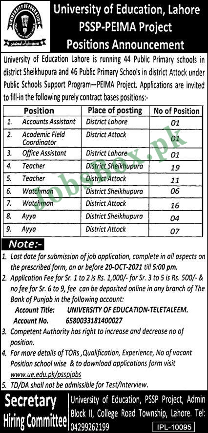 University of Education UE Lahore Jobs 2021 – wwww.ue.edu.pk