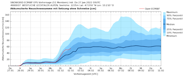 Die Grafik zeigt die modellierte, aufsummierte Neuschneesumme mit entsprechenden Abweichungen. Zwischen Montag, 31.01. und Mittwoch, 02.02. soll es winterlich werden. (Region Westliche Lechtaler Alpen)