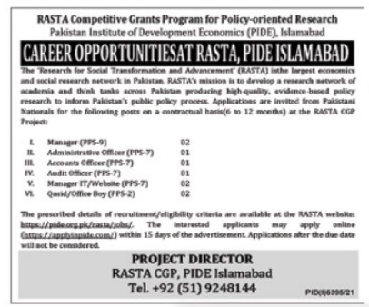 Latest jobs in Pakistan Institute of Development Economics PIDE  Islamabad 2022