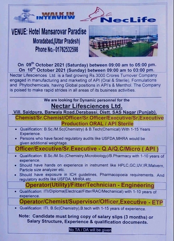 Nectar Life Sciences | Walk-in for Production/QC/QA on 9th & 10th Oct 2021