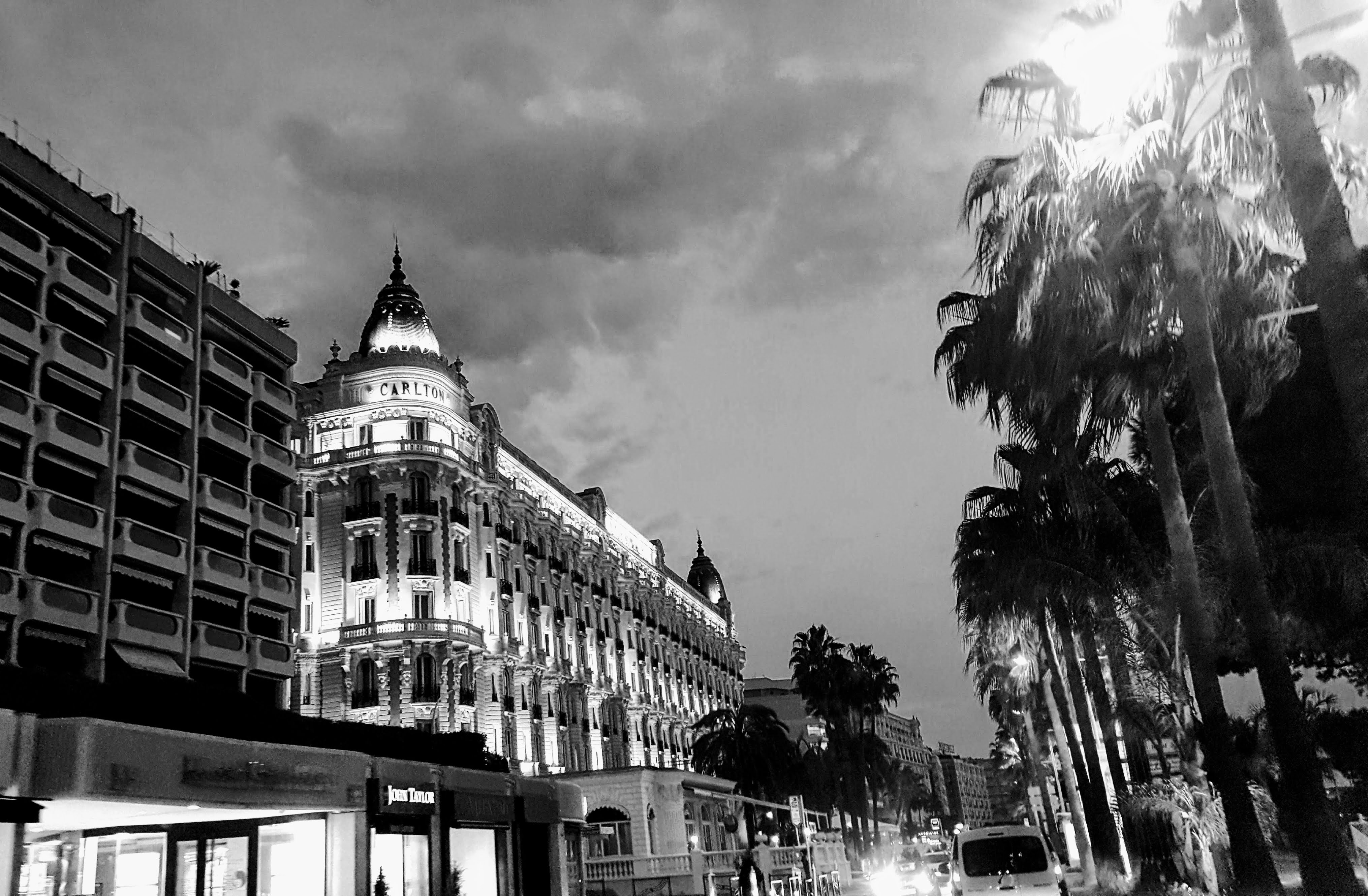 black and white photo of the Intercontinental hotel in Cannes France