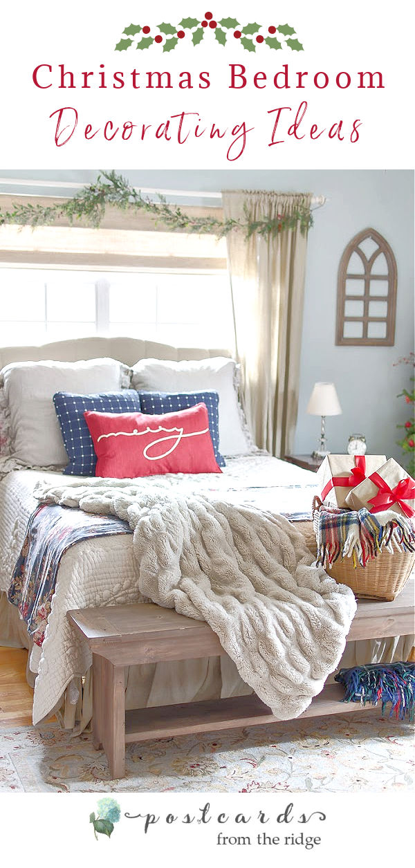 christmas bedroom with fur blanket and red and navy accents