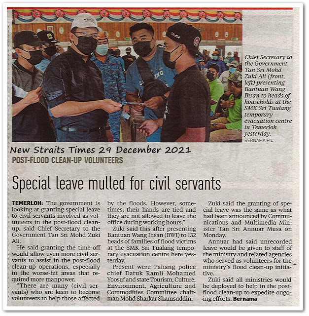 Special leave mulled for civil servants - Keratan akhbar New Straits Times 29 December 2021