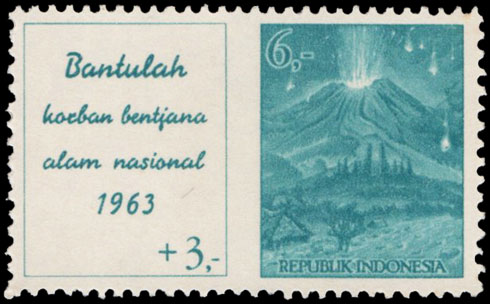 Indonesian Postage Stamp I-71 Bali Volcano Disaster Fund, Mount Agung Erruption 6+3 rupiah 1963