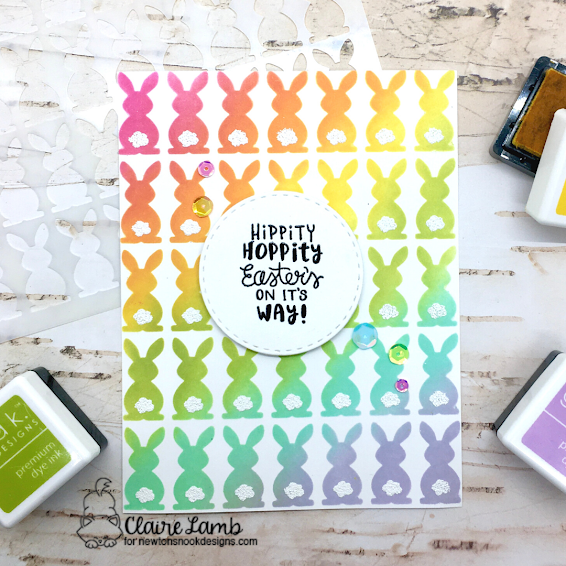 Hippity Hoppity Easter's on It's Way by Claire Lamb features Circle Frames die set,  Bunny Tails stencil set, and  Spring Pile Up stamp set by Newton's Nook Designs; #inkypaws, #newtonsnook, #springcards, #cardmaking