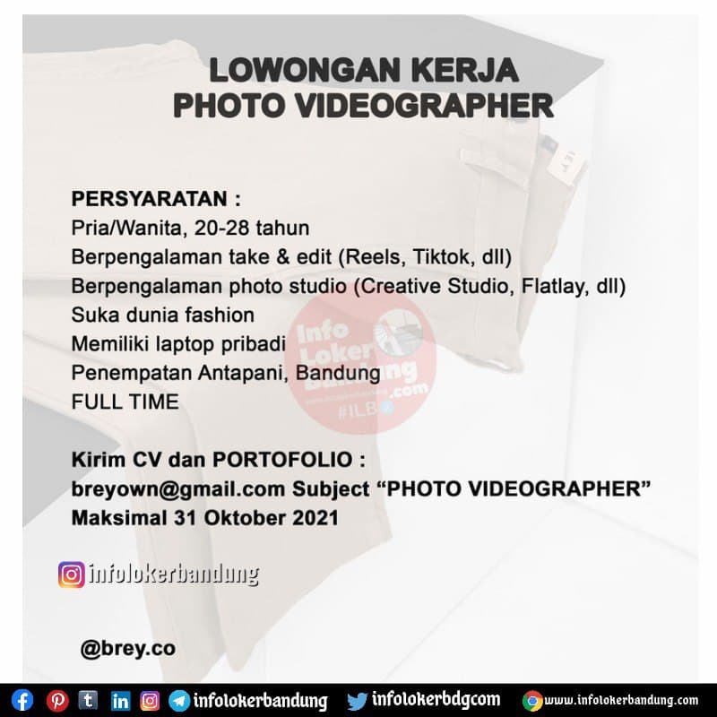 Lowongan Kerja Photo Videographer & Creative Model Brey.Co Bandung Oktober 2021