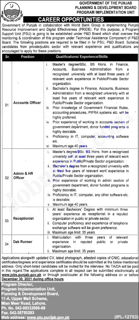 Planning and Development Board Punjab jobs 2021 Advertisement