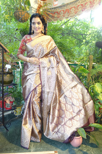 Wine color Banarasi silk tissue shikargah saree