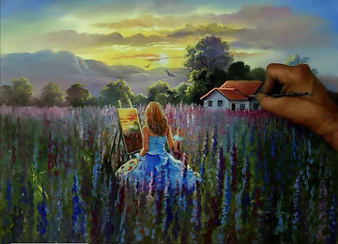 Como pintar uma pintora pintando o por do sol em um campo de Lavanda