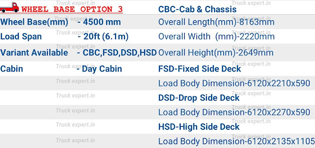 Ashok leyland Boss 1315 HB option 3-Ashok leyland Boss 1315 HB of 4500 mm wheelbase have a load body span of 20ft (6.1m) the overall dimensions of cab & chassis (chassis without load body) are mentioned above including its overall length-8163mm, overall height- 2649mm, overall width - 2220mm, & fuel tank capacity of 105Ltr & 185 Ltr.   This vehicle comes with built body options like fixed side deck, drop side deck & high side deck load body options with an internal cargo box / load body length of 6120mm & a width of 2135mm/ 2270mm/2135mm, the internal height of fixed side deck, drop side deck is 590mm & high side deck is 1105mm.please refer the top of the page for detailed specifications.