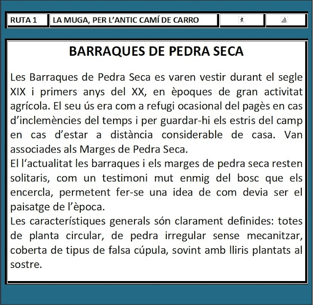 CIMS I COTES DEL BAIX PENEDÈS - BELLVEI AL CASTELL DE LA MUGA, corriol en direcció a La Muga, per l'antic camí de carro, Ruta-1, plafó informatiu d'una Barraca de Pedra Seca