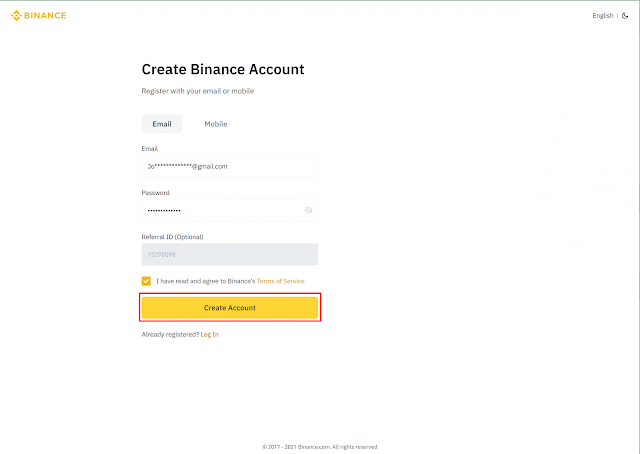 Input your details to create a Binance account
