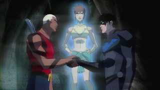 Image of Kaldur and Nightwing in front of Tula hologram