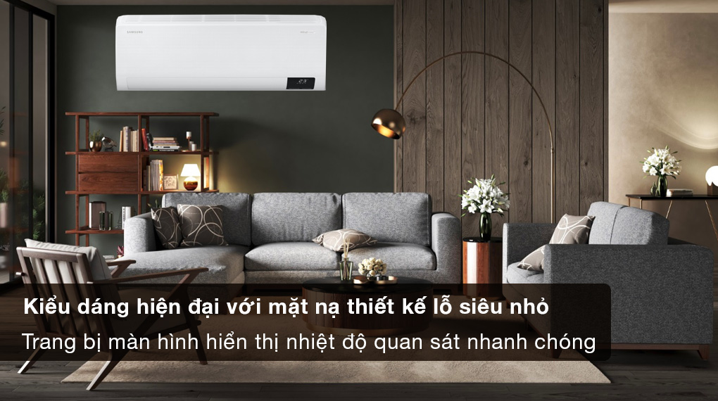 Điều hòa Samsung Inverter 9000 BTU AR10CYECAWKNSV - Kiểu dáng hiện đại với mặt dàn lạnh có họa tiết lỗ siêu nhỏ, trang bị màn hình hiển thị nhiệt độ dễ quan sát