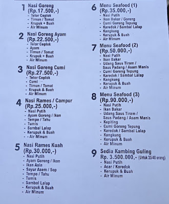 Daftar harga menu makan di pantai batukaras
