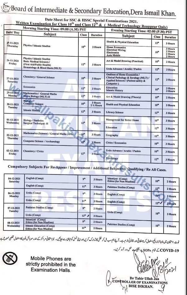 BISE DI Khan Date Sheet For SSC & HSSC Part 2 Special Exam 2021