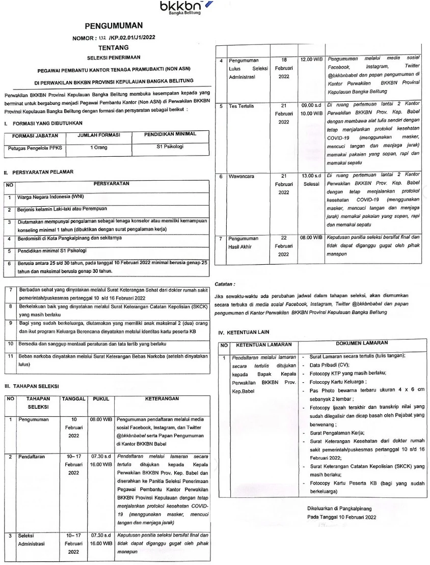 Lowongan Kerja Badan Kependudukan dan Keluarga Berencana Nasional (BKKBN) Bulan Februari 2022