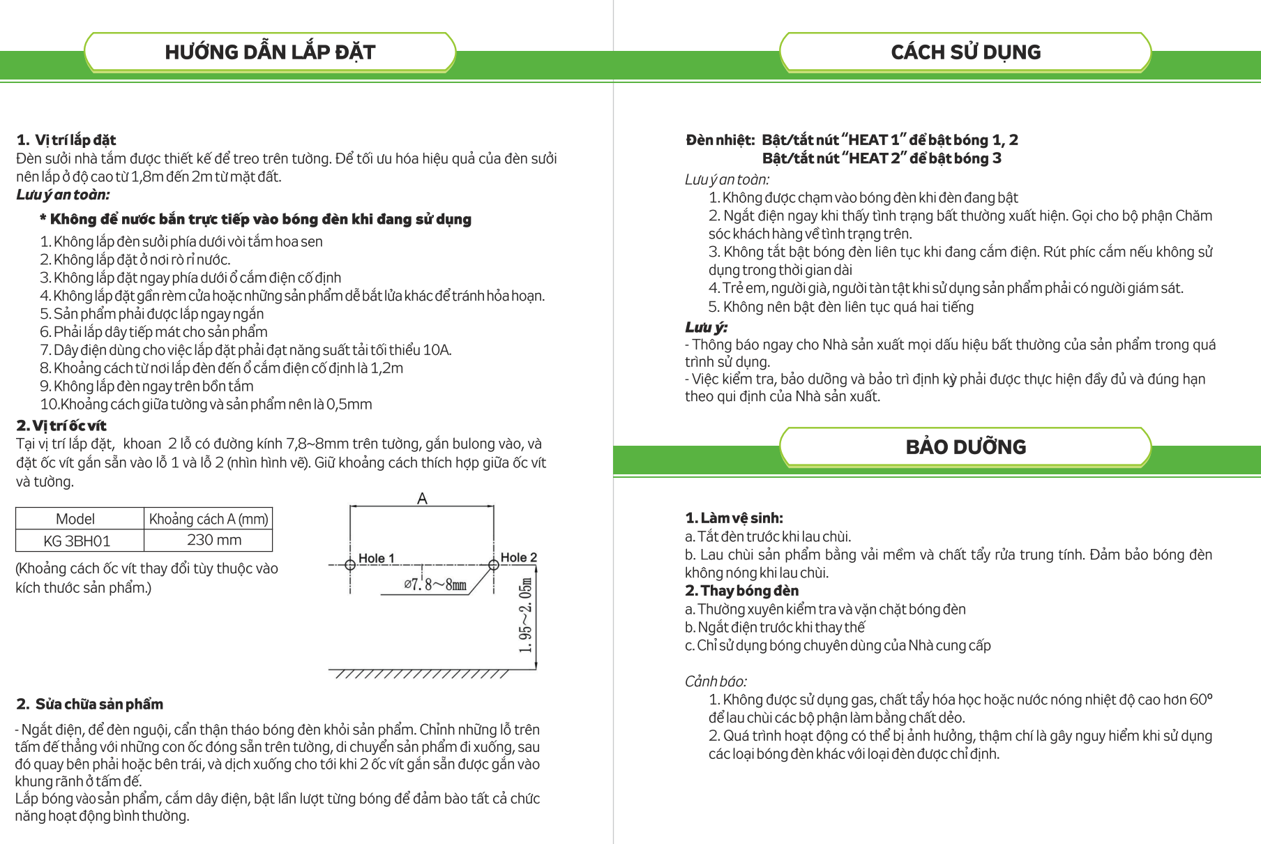 Thông số kỹ thuật Đèn sưởi nhà tắm Kangaroo 3 bóng KG3BH01