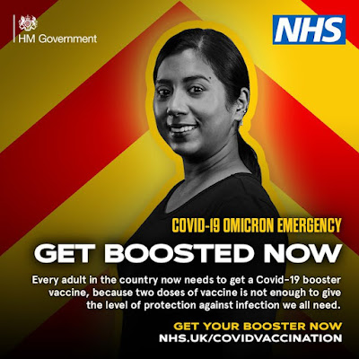 Get Boosted Now image of very smiley lady every adult needs a booster COVID Omicron Emergency