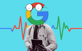 a man (in a white lab-coat, with a stethoscope hanging over his neck and an iPad in his hand ... and a head made of Google's red/yellow/green/blue 'G' & a pair of round-rimmed spectacles), with a background of solid-teal with a heart-monitor line (in the same colors as the 'G') drawn across it