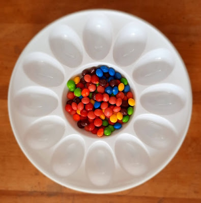 Unsorted Skittles on white plate