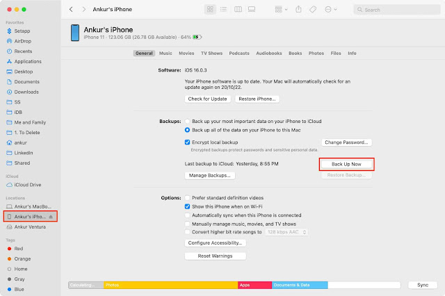 قم بعمل نسخة احتياطية من iPhone على Mac باستخدام Finder