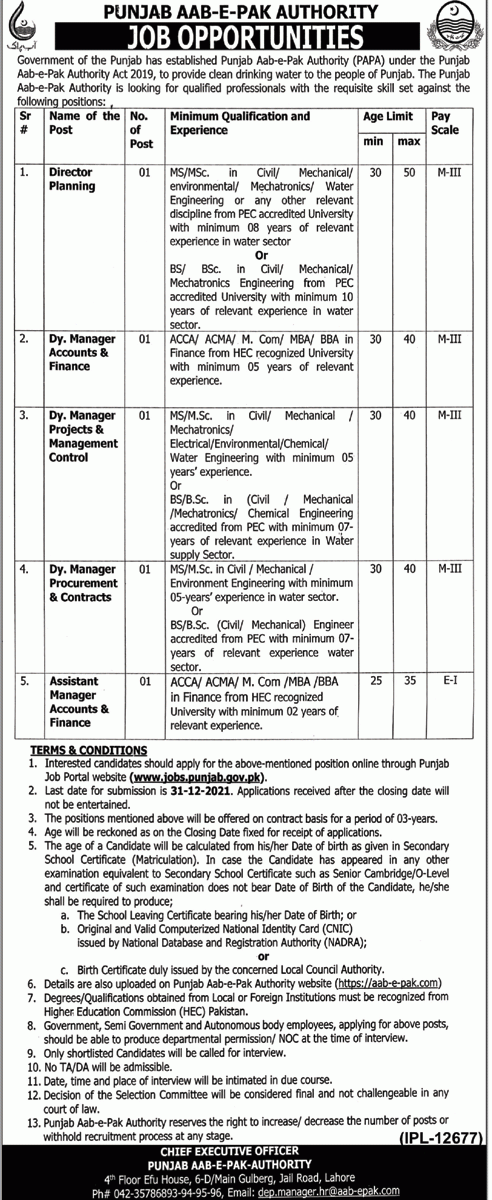 Punjab Aab-E-Pak Authority Lahore Jobs 2021 | Latest Job in Pakistan