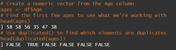Use duplicated() to find which elements are duplicates