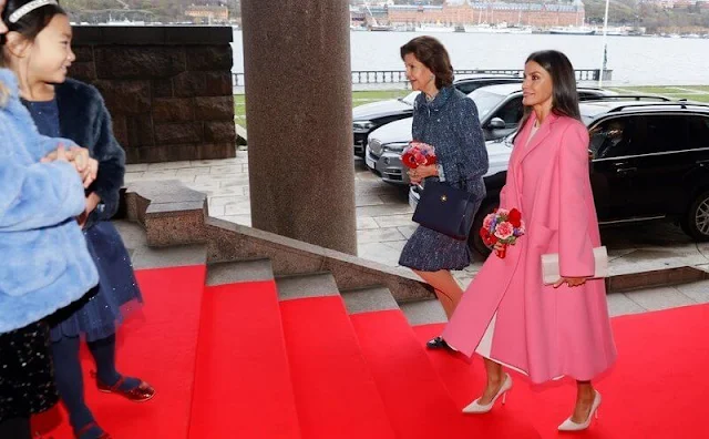 Crown Princess Victoria wore a tweed top and skirt by Baum und Pferdgarten. Letizia in Carolina Herrera pink coat. Sofia in Tiger of Sweden